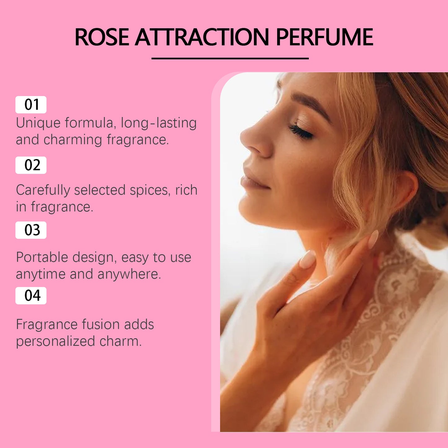 Roxelis Rose Attraction Perfume for women, a 15ml portable natural floral fragrance spray in a stylish black and pink box, perfect for daily use and long-lasting freshness.