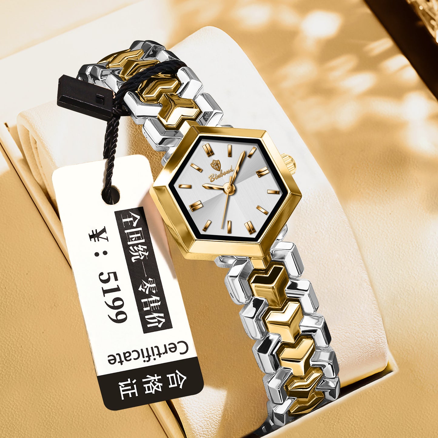 Elegant women's octagonal quartz watch with a striking green dial and luxury gold bracelet by FASHIONARIE CLUB.