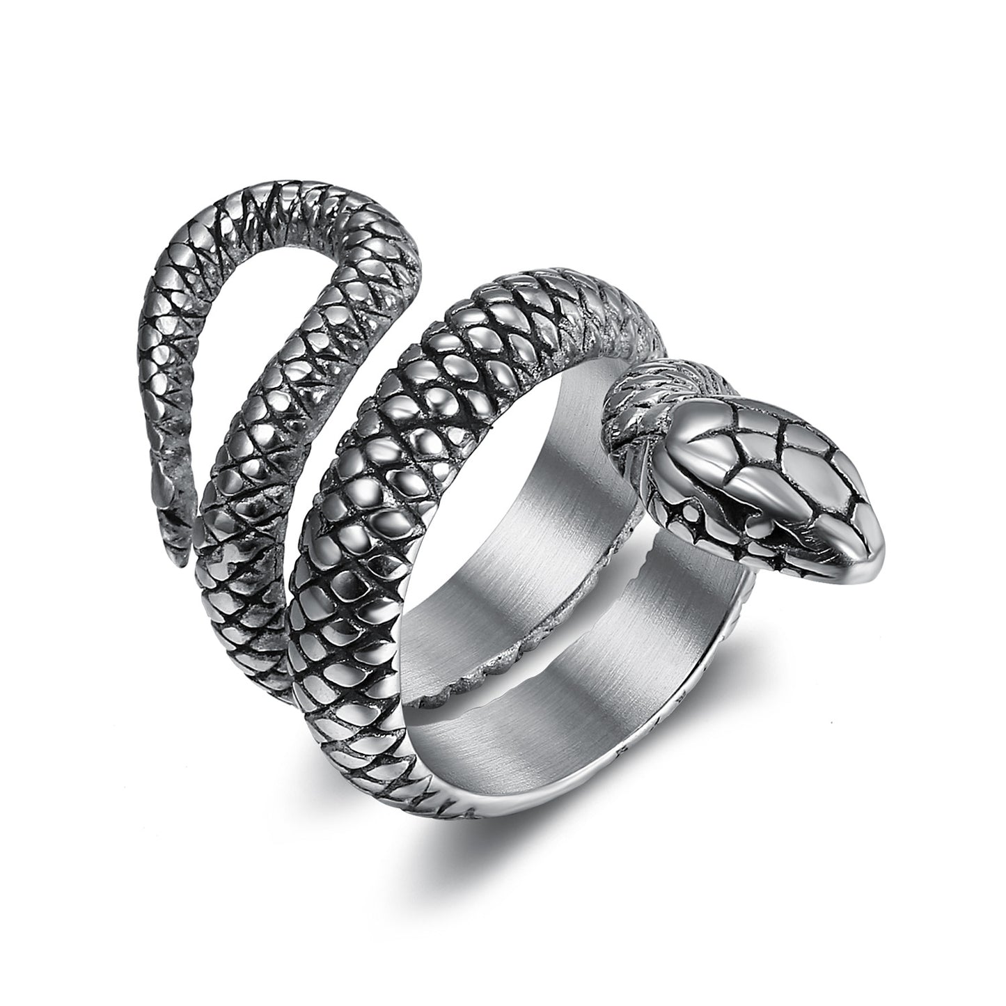 Close-up of a durable titanium steel men's ring featuring an intricate snake-shaped design, perfect for bold fashion and gothic-style accessories in the UAE.