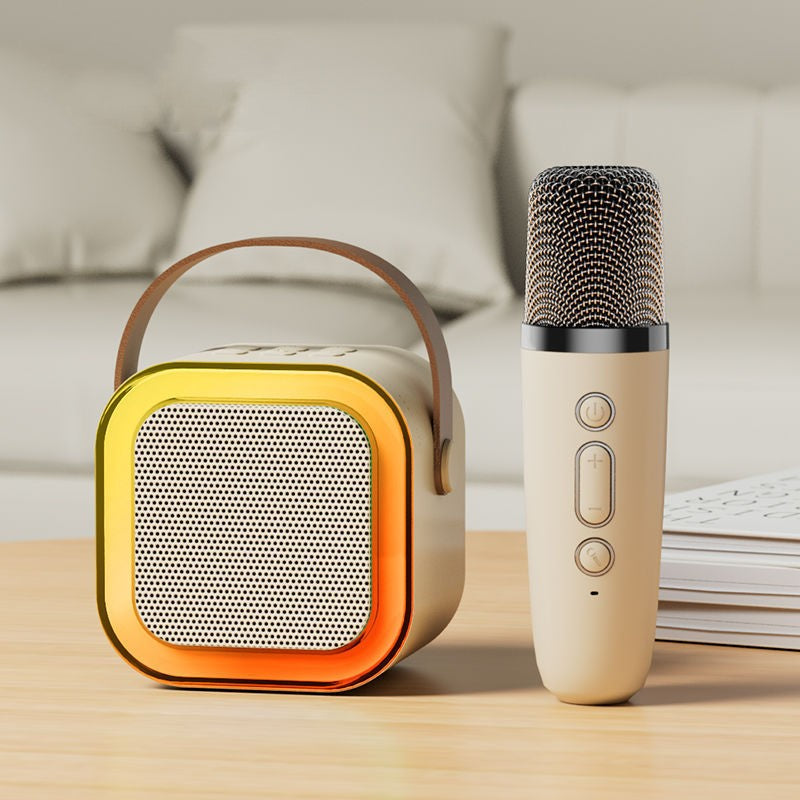 Portable Bluetooth karaoke speaker system with dual wireless mics, RGB lights, and rechargeable design, ideal for party and family entertainment.