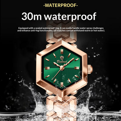 Elegant women's octagonal quartz watch with a striking green dial and luxury gold bracelet by FASHIONARIE CLUB.
