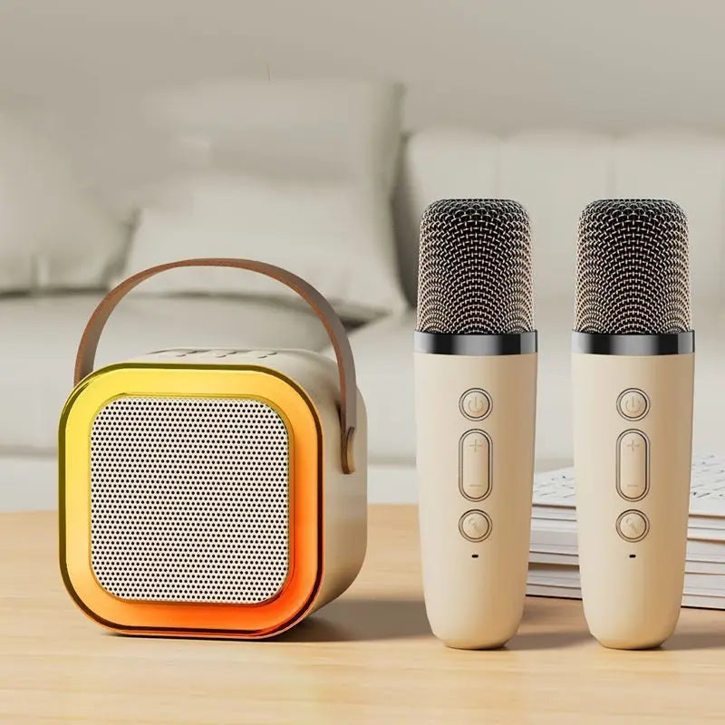 Portable Bluetooth karaoke speaker system with dual wireless mics, RGB lights, and rechargeable design, ideal for party and family entertainment.