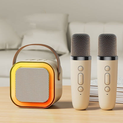 Portable Bluetooth karaoke speaker system with dual wireless mics, RGB lights, and rechargeable design, ideal for party and family entertainment.