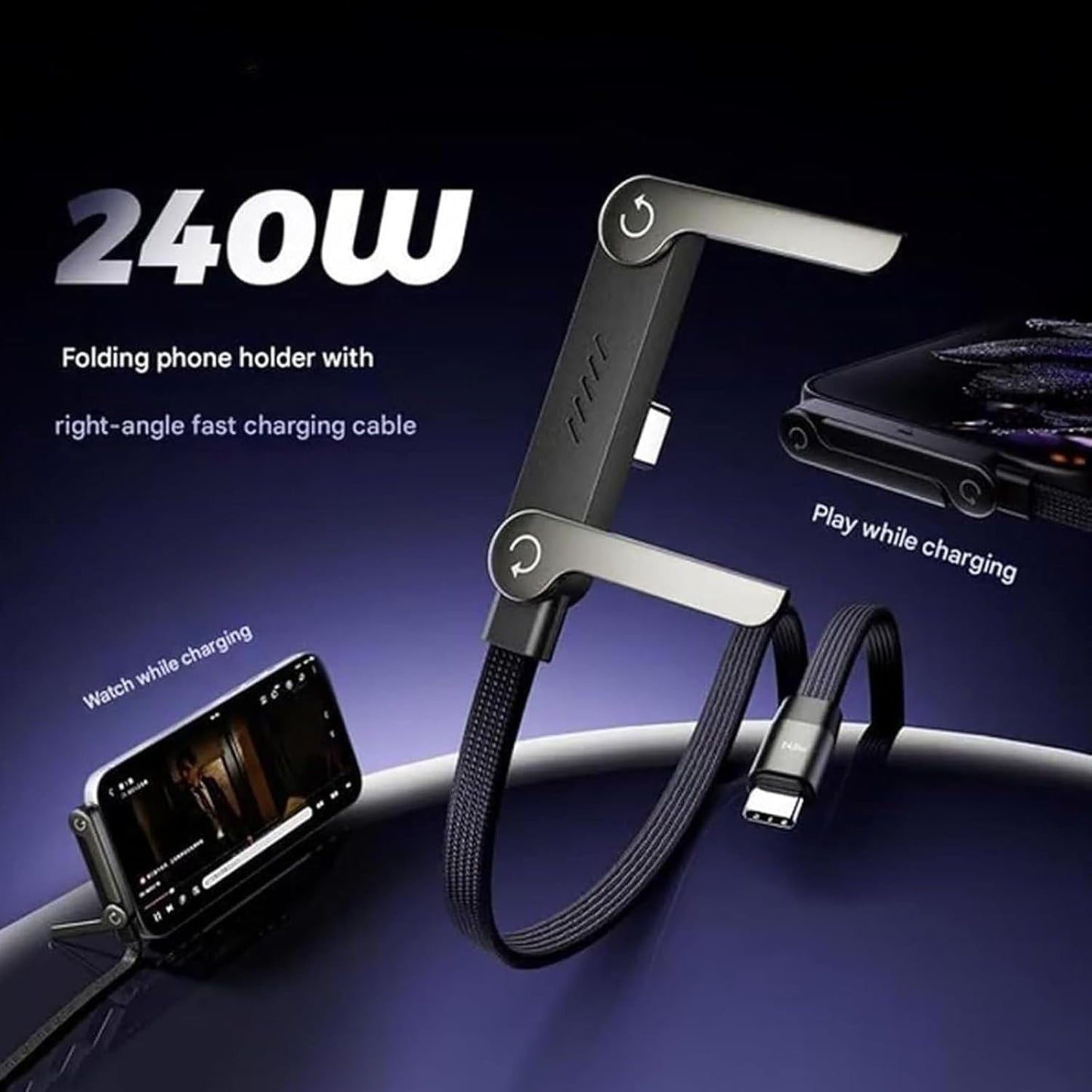 🔋 240W Fast Charger Cable with Mobile Holder Stand