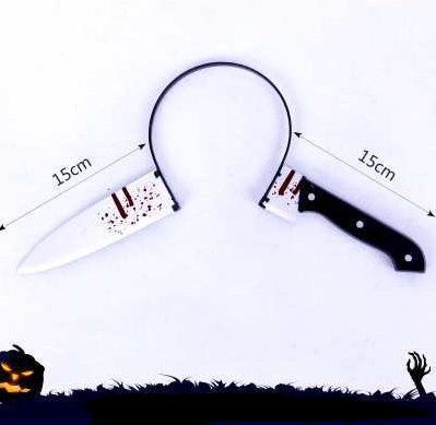 Set of funny and scary Halloween tricky headbands featuring fake bloody weapons like knives, scissors, axes, and wrenches, perfect for costume parties in UAE.