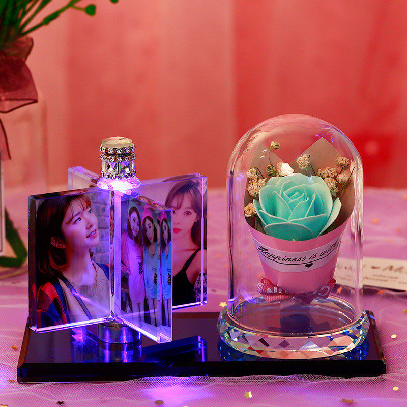 A personalized custom crystal photo frame featuring multiple photo slots and an integrated car perfume diffuser, paired with an adorable unicorn figurine. This unique, elegant display piece from FASHIONARIE CLUB serves as the perfect decorative accessory for car interiors or office desks, combining style, fragrance, and cherished memories in one premium, high-quality product.