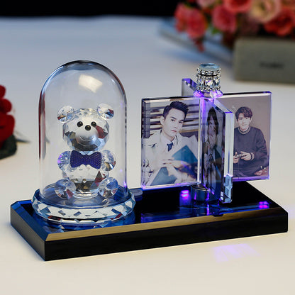 A personalized custom crystal photo frame featuring multiple photo slots and an integrated car perfume diffuser, paired with an adorable unicorn figurine. This unique, elegant display piece from FASHIONARIE CLUB serves as the perfect decorative accessory for car interiors or office desks, combining style, fragrance, and cherished memories in one premium, high-quality product.