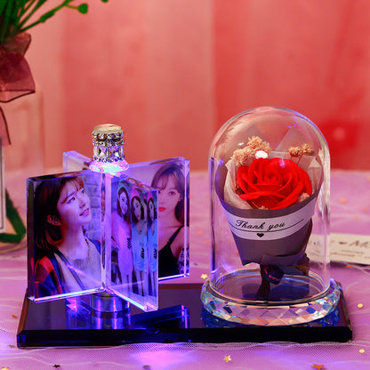 A personalized custom crystal photo frame featuring multiple photo slots and an integrated car perfume diffuser, paired with an adorable unicorn figurine. This unique, elegant display piece from FASHIONARIE CLUB serves as the perfect decorative accessory for car interiors or office desks, combining style, fragrance, and cherished memories in one premium, high-quality product.