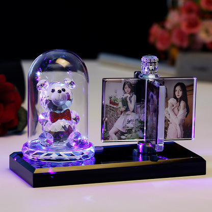 A personalized custom crystal photo frame featuring multiple photo slots and an integrated car perfume diffuser, paired with an adorable unicorn figurine. This unique, elegant display piece from FASHIONARIE CLUB serves as the perfect decorative accessory for car interiors or office desks, combining style, fragrance, and cherished memories in one premium, high-quality product.