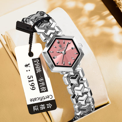 Elegant women's octagonal quartz watch with a striking green dial and luxury gold bracelet by FASHIONARIE CLUB.
