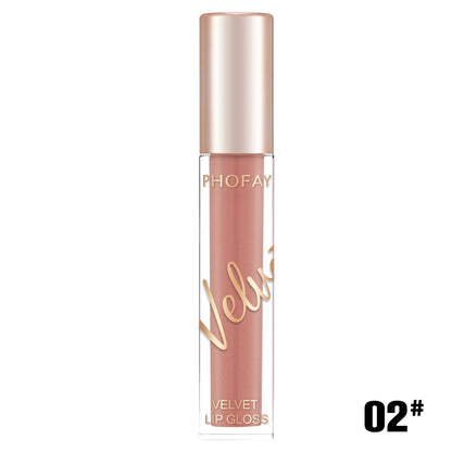 PHOFAY velvet lip gloss featuring a smooth matte finish in a elegant tube, perfect for long-lasting daily makeup, beauty looks, and stylish lip care in the UAE.