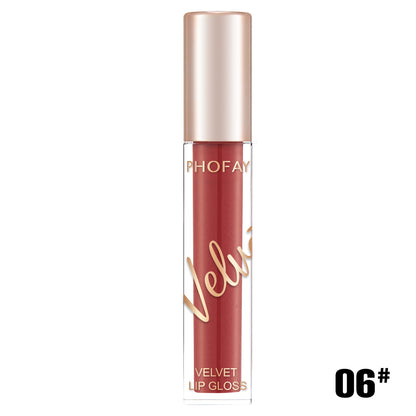 PHOFAY velvet lip gloss featuring a smooth matte finish in a elegant tube, perfect for long-lasting daily makeup, beauty looks, and stylish lip care in the UAE.