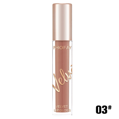 PHOFAY velvet lip gloss featuring a smooth matte finish in a elegant tube, perfect for long-lasting daily makeup, beauty looks, and stylish lip care in the UAE.