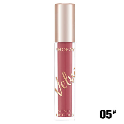 PHOFAY velvet lip gloss featuring a smooth matte finish in a elegant tube, perfect for long-lasting daily makeup, beauty looks, and stylish lip care in the UAE.