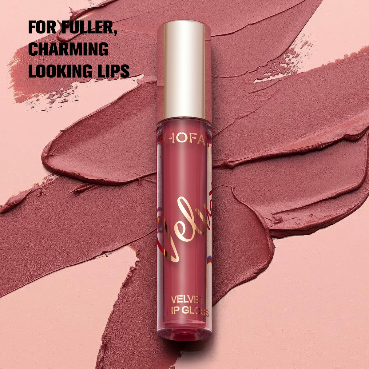 PHOFAY velvet lip gloss featuring a smooth matte finish in a elegant tube, perfect for long-lasting daily makeup, beauty looks, and stylish lip care in the UAE.