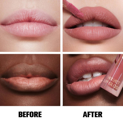 PHOFAY velvet lip gloss featuring a smooth matte finish in a elegant tube, perfect for long-lasting daily makeup, beauty looks, and stylish lip care in the UAE.