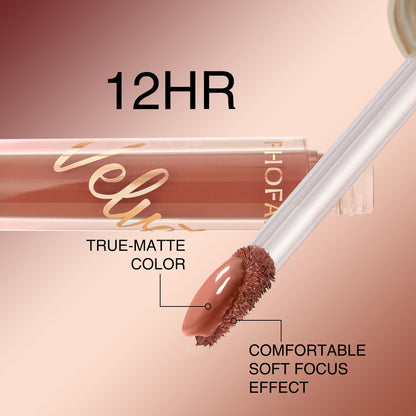PHOFAY velvet lip gloss featuring a smooth matte finish in a elegant tube, perfect for long-lasting daily makeup, beauty looks, and stylish lip care in the UAE.