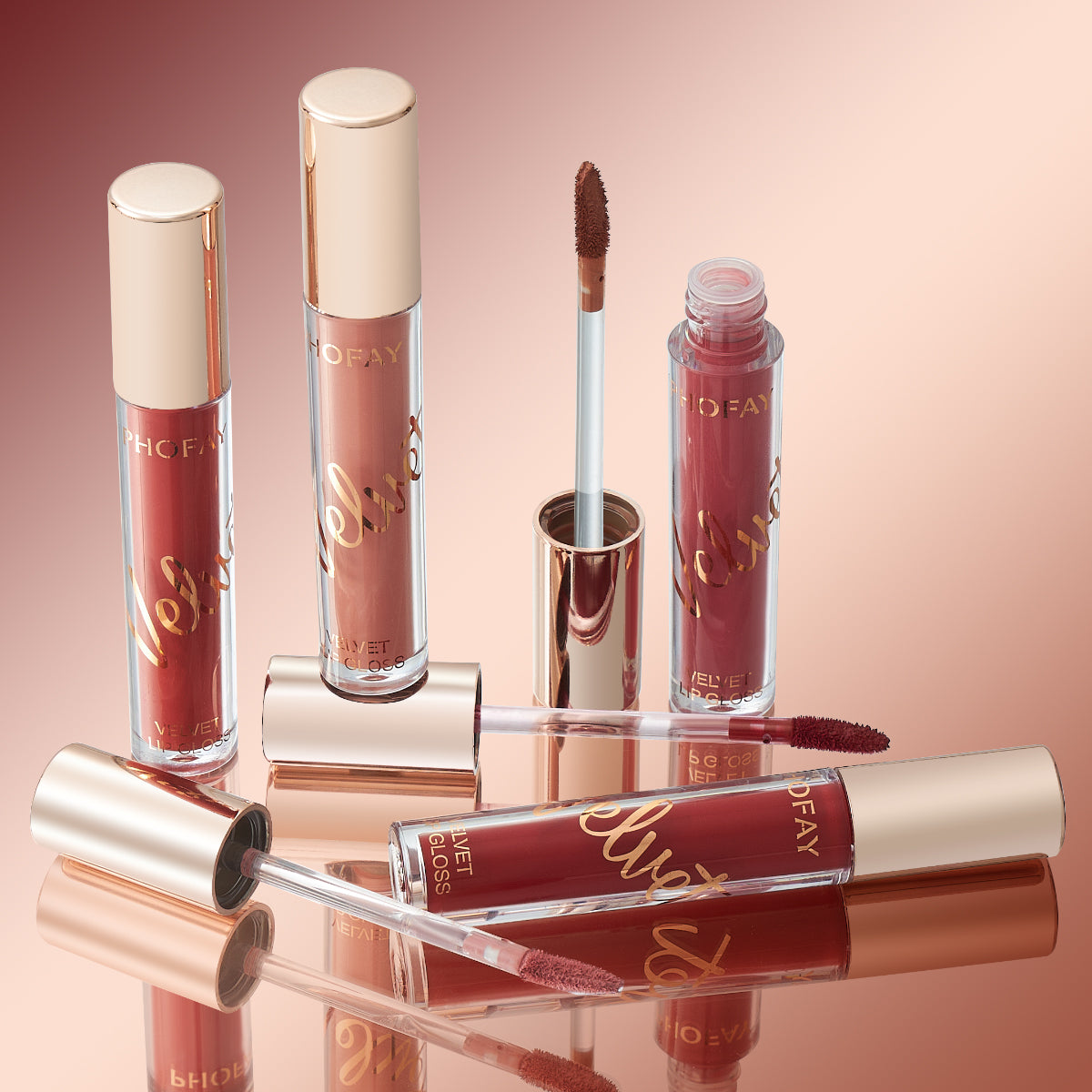 PHOFAY velvet lip gloss featuring a smooth matte finish in a elegant tube, perfect for long-lasting daily makeup, beauty looks, and stylish lip care in the UAE.