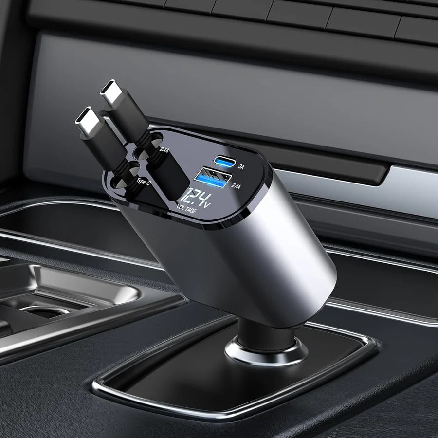 Premium 4-in-1 Car Fast Charger – Retractable Design + Real-Time Voltage Display 🚗⚡