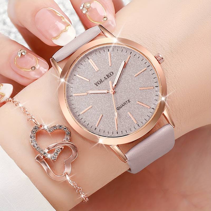 6PCS Women’s Watch & Jewelry Set – Shiny Quartz Analog PU Leather Wrist Watch Combo