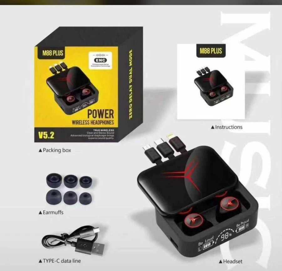 M88 Plus V5.2 Wireless Buds & Power Bank – 2-in-1 Charging & Audio Combo