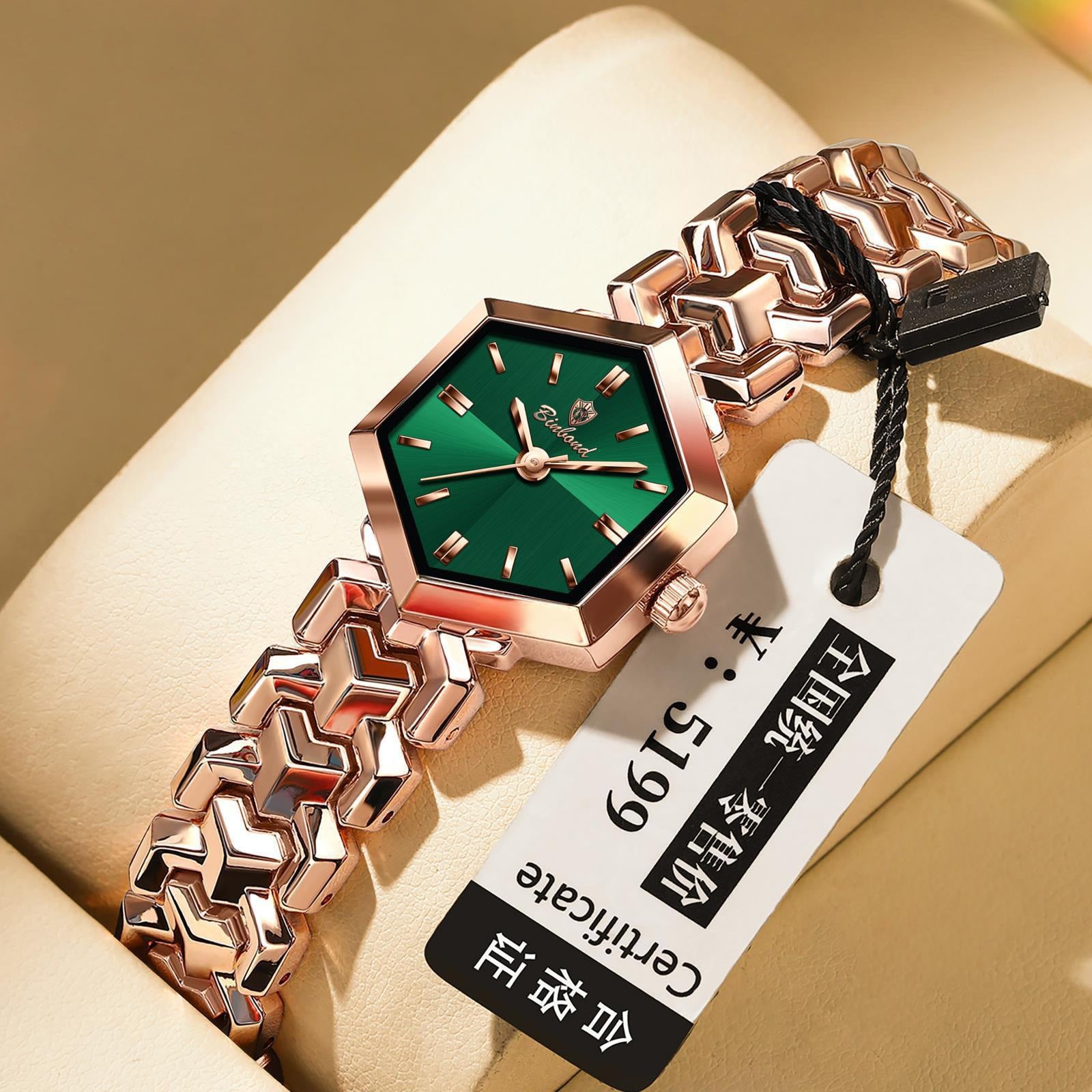 Elegant women's octagonal quartz watch with a striking green dial and luxury gold bracelet by FASHIONARIE CLUB.
