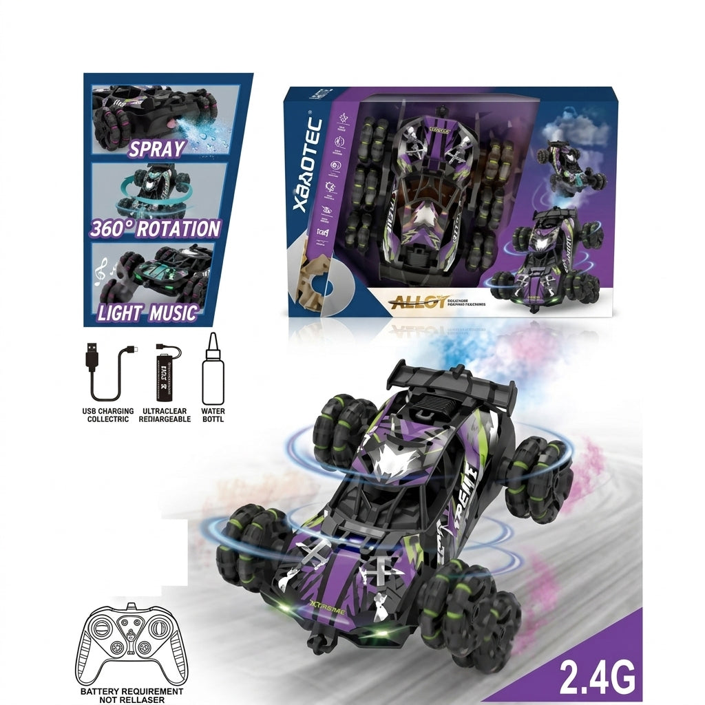 🔥 2.4GHz RC Alloy 6-Wheel Stunt Spray Car – High Speed Drift & Smoke Racing Toy 🚗💨