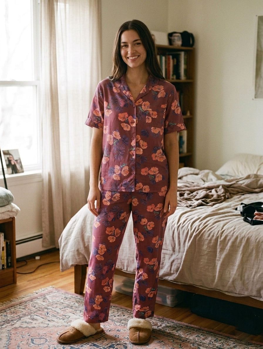 Women's Floral Printed 2 Piece Tracksuit Ladies Short Sleeve Collared Neck 5 Button Comfortable Fit Night Wear Co-Ord Set