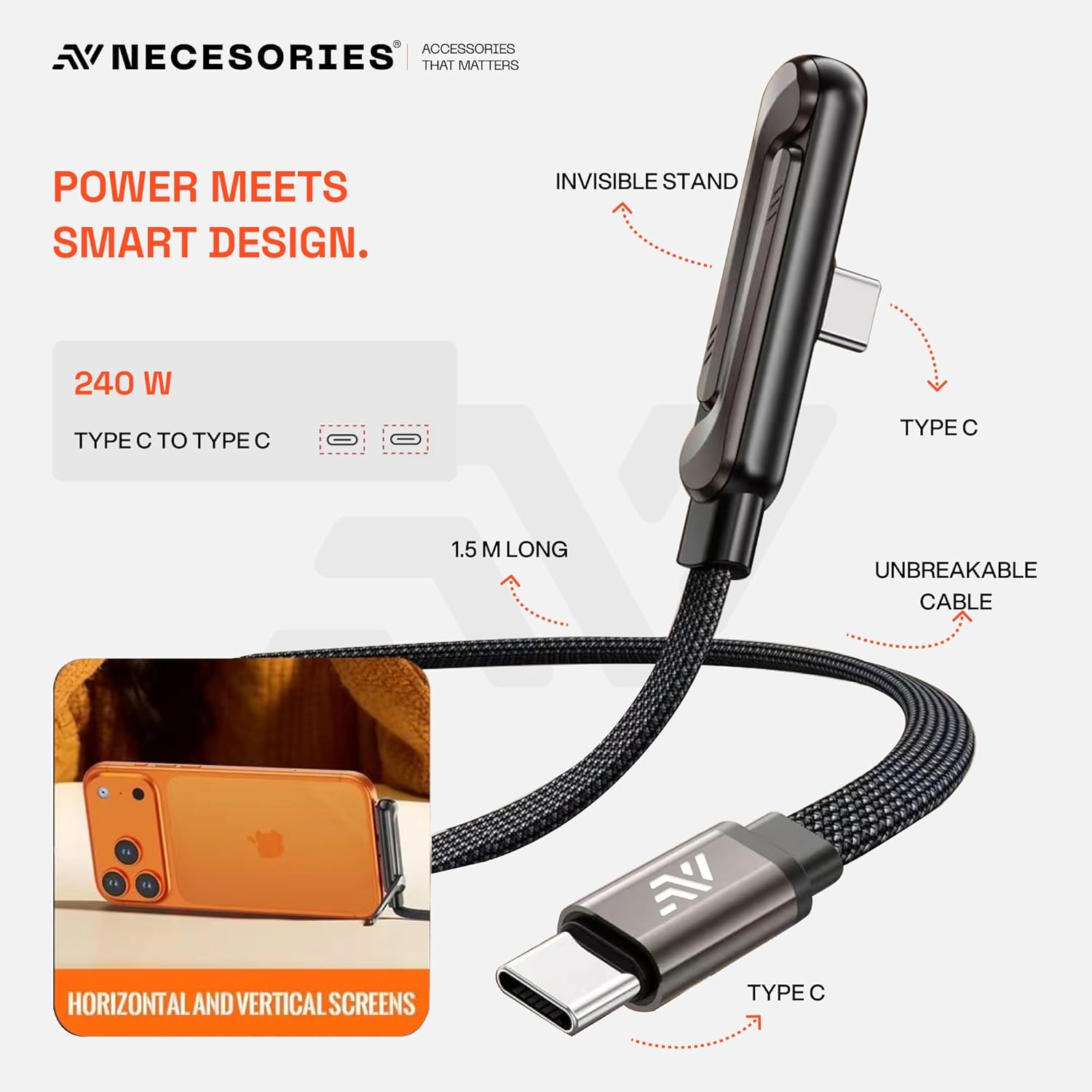 🔋 240W Fast Charger Cable with Mobile Holder Stand