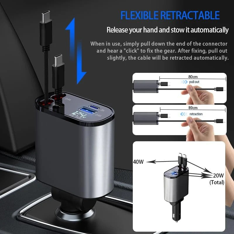 Premium 4-in-1 Car Fast Charger – Retractable Design + Real-Time Voltage Display 🚗⚡