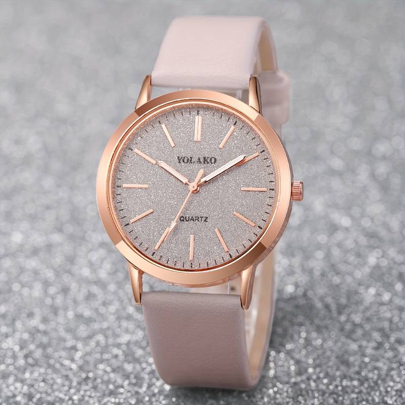 6PCS Women’s Watch & Jewelry Set – Shiny Quartz Analog PU Leather Wrist Watch Combo