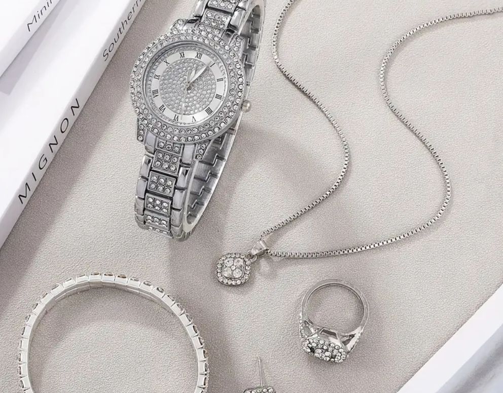 6PCS Women’s Butterfly Watch & Jewelry Set – Elegant Quartz Rhinestone Sparkling Wrist Watch