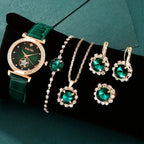 6PCS Women’s Luxury Rhinestone Quartz Watch Set – Vintage Star Analog Wrist Watch & Jewelry Combo