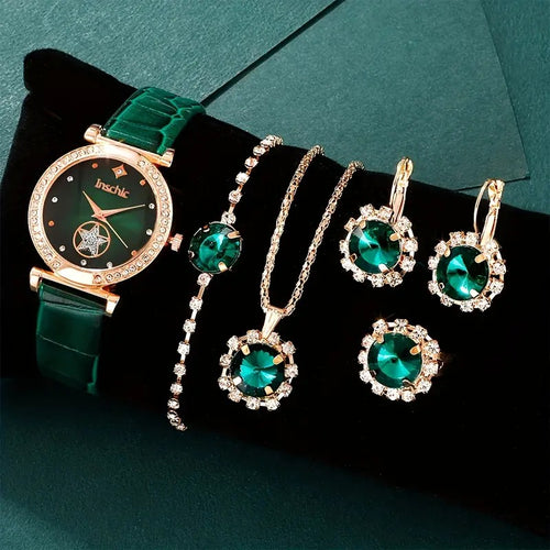 6PCS Women’s Luxury Rhinestone Quartz Watch Set – Vintage Star Analog Wrist Watch & Jewelry Combo