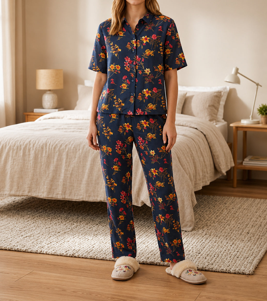 Women's Floral Printed 2 Piece Tracksuit Ladies Short Sleeve Collared Neck 5 Button Comfortable Fit Night Wear Co-Ord Set