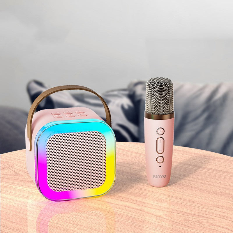 Portable Bluetooth karaoke speaker system with dual wireless mics, RGB lights, and rechargeable design, ideal for party and family entertainment.