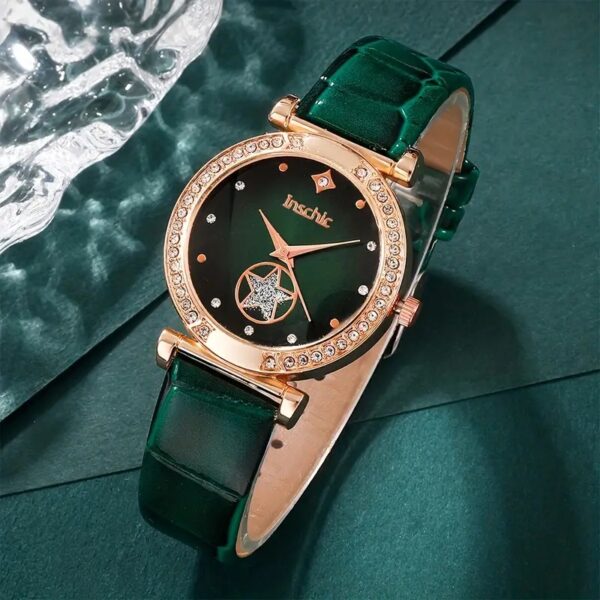 6PCS Women’s Luxury Rhinestone Quartz Watch Set – Vintage Star Analog Wrist Watch & Jewelry Combo