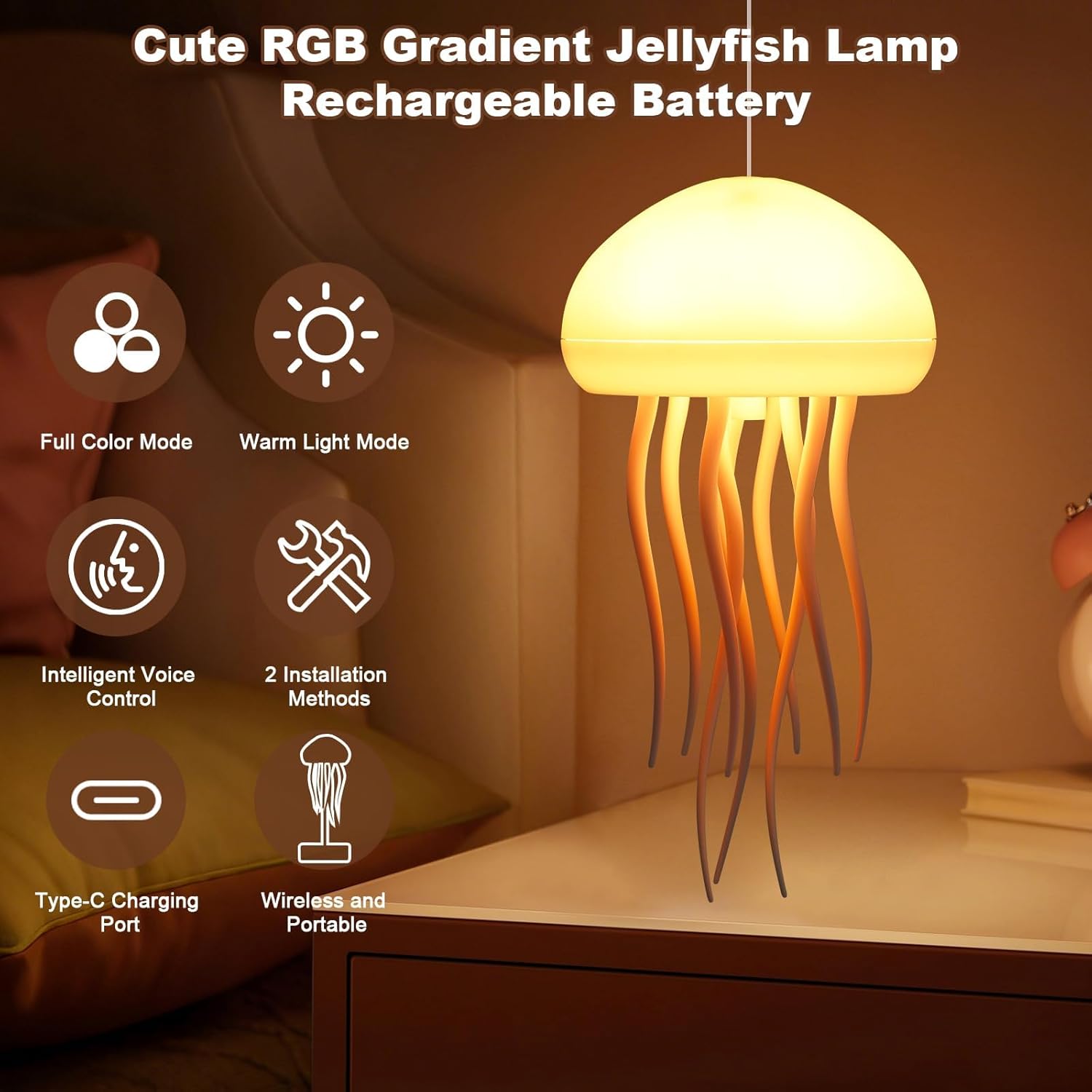Jellyfish Lamp, Voice Control Jellyfish Lamp with Dancing Legs, RGB Gradient Jellyfish Bedside Lamp, Rechargeable Jellyfish Table Lamp Christmas Gifts