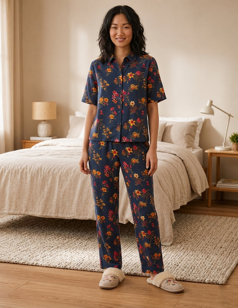 Women's Floral Printed 2 Piece Tracksuit Ladies Short Sleeve Collared Neck 5 Button Comfortable Fit Night Wear Co-Ord Set