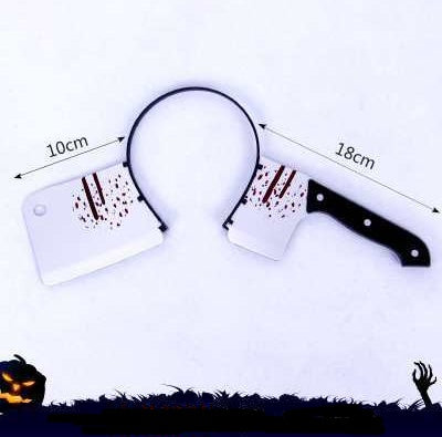 Set of funny and scary Halloween tricky headbands featuring fake bloody weapons like knives, scissors, axes, and wrenches, perfect for costume parties in UAE.