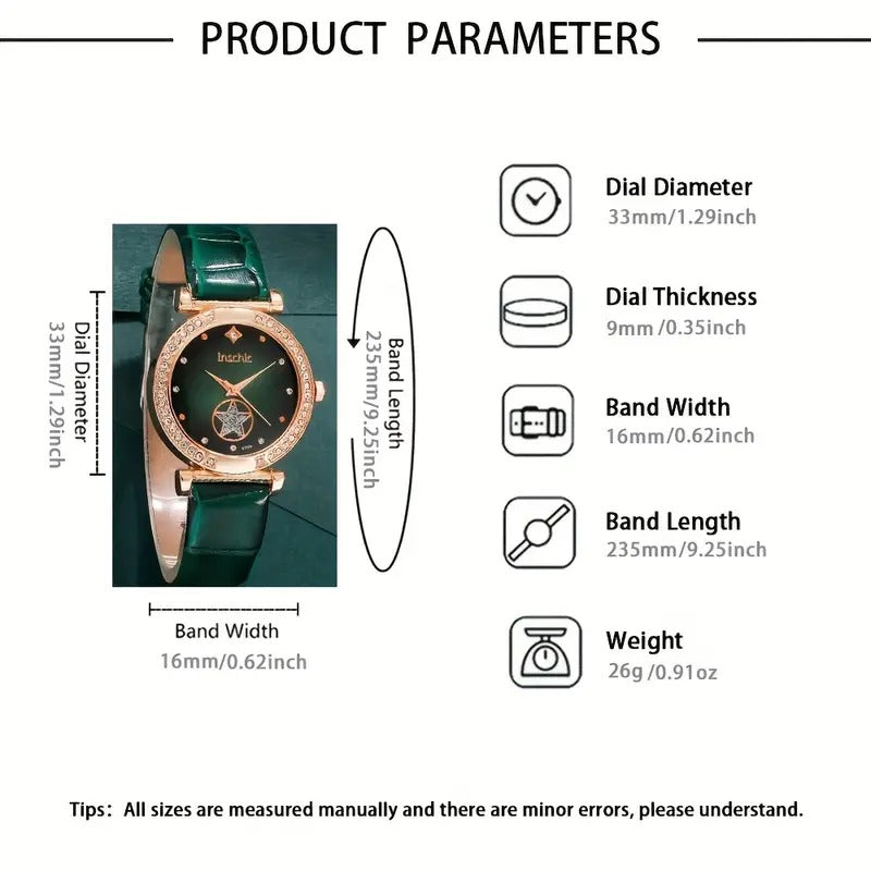 6PCS Women’s Luxury Rhinestone Quartz Watch Set – Vintage Star Analog Wrist Watch & Jewelry Combo