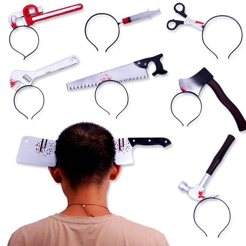 Set of funny and scary Halloween tricky headbands featuring fake bloody weapons like knives, scissors, axes, and wrenches, perfect for costume parties in UAE.