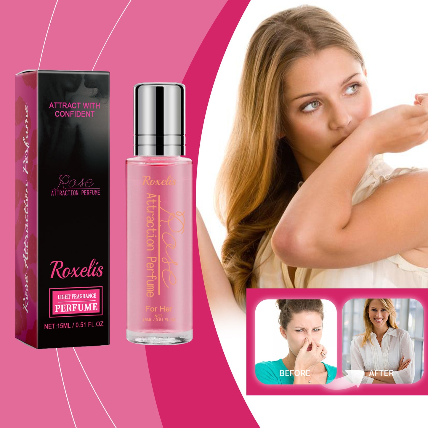 Roxelis Rose Attraction Perfume for women, a 15ml portable natural floral fragrance spray in a stylish black and pink box, perfect for daily use and long-lasting freshness.