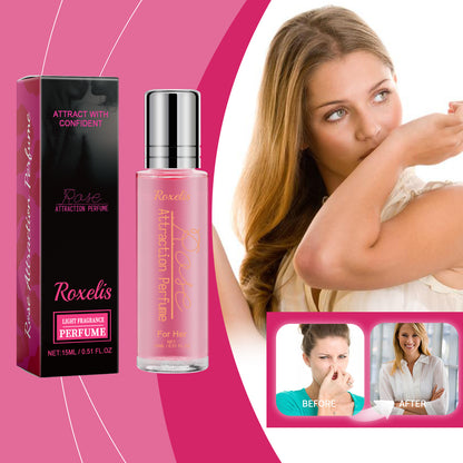 Roxelis Rose Attraction Perfume for women, a 15ml portable natural floral fragrance spray in a stylish black and pink box, perfect for daily use and long-lasting freshness.