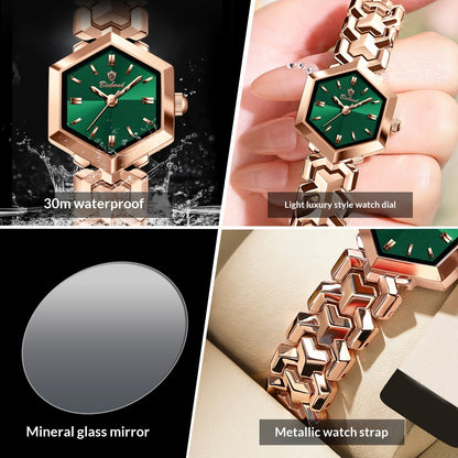 Elegant women's octagonal quartz watch with a striking green dial and luxury gold bracelet by FASHIONARIE CLUB.