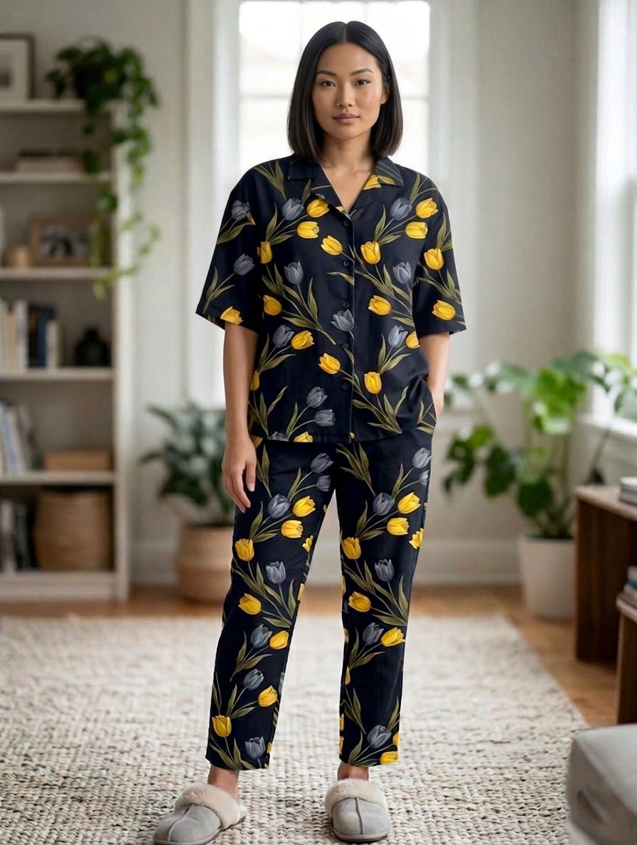 Women's Floral Printed 2 Piece Tracksuit Ladies Short Sleeve Collared Neck 5 Button Comfortable Fit Night Wear Co-Ord Set
