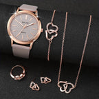 6PCS Women’s Watch & Jewelry Set – Shiny Quartz Analog PU Leather Wrist Watch Combo