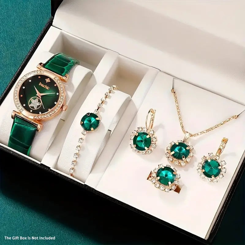 6PCS Women’s Luxury Rhinestone Quartz Watch Set – Vintage Star Analog Wrist Watch & Jewelry Combo