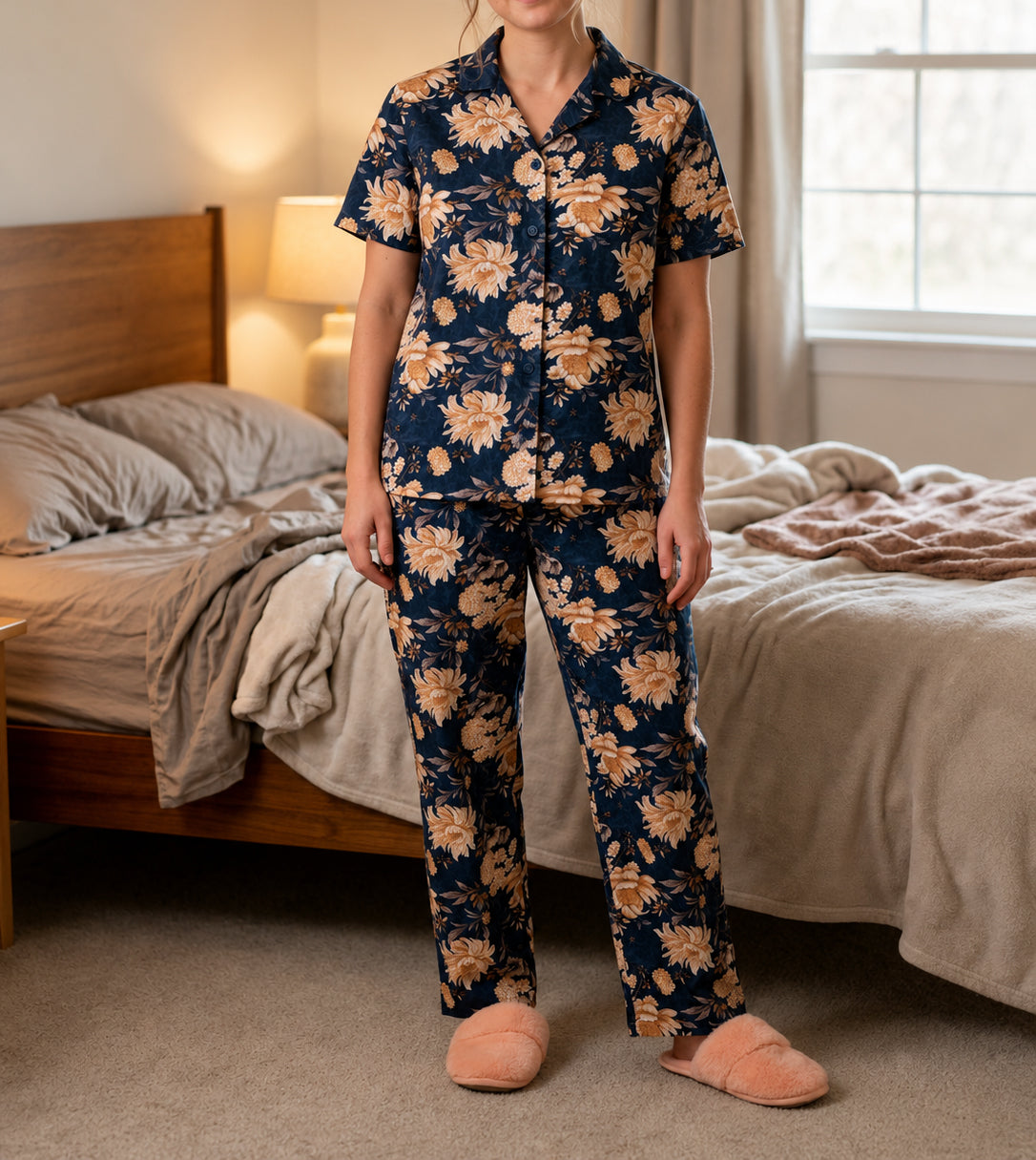 Use descriptive text for your images, such as: "Woman wearing floral printed 2-piece short sleeve collared loungewear set in UAE