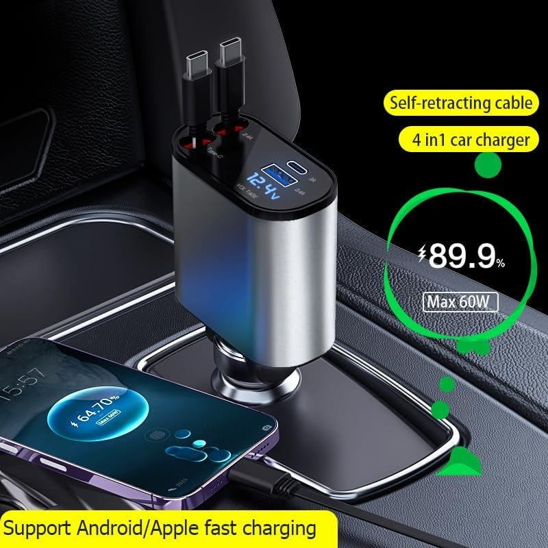 Premium 4-in-1 Car Fast Charger – Retractable Design + Real-Time Voltage Display 🚗⚡